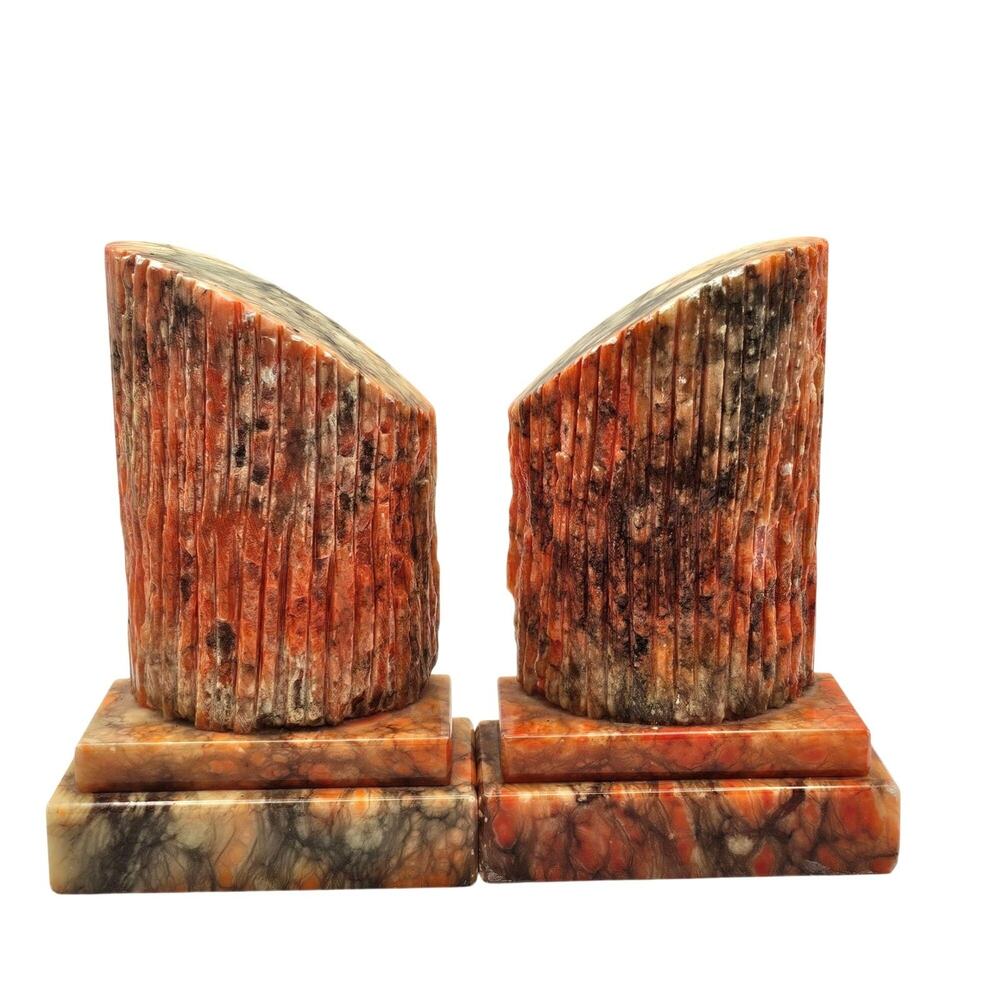 Vintage MCM Italy Orange Alabaster Marble Column Bookends Mid Century Modern Set